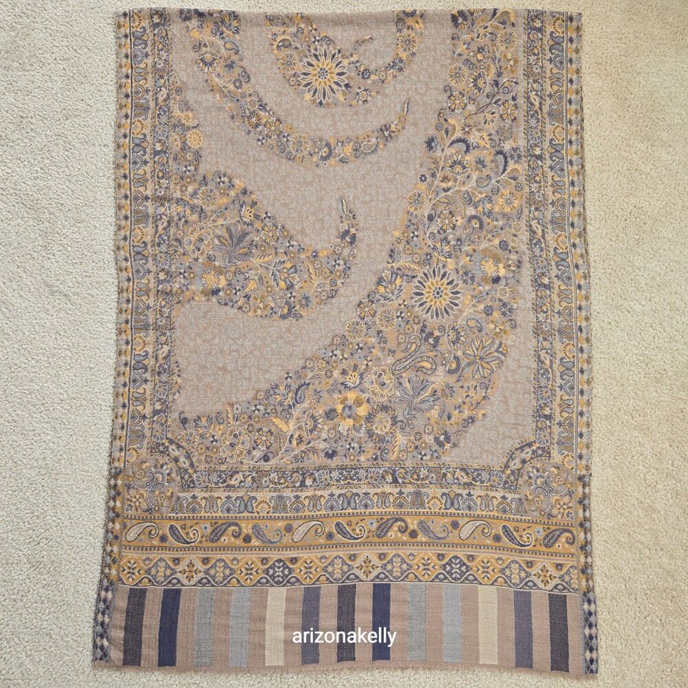 NWOT Cashmere Jacquard Lightweight Jamawar Shawl Scarf Yellow Blue - Picture 11 of 16